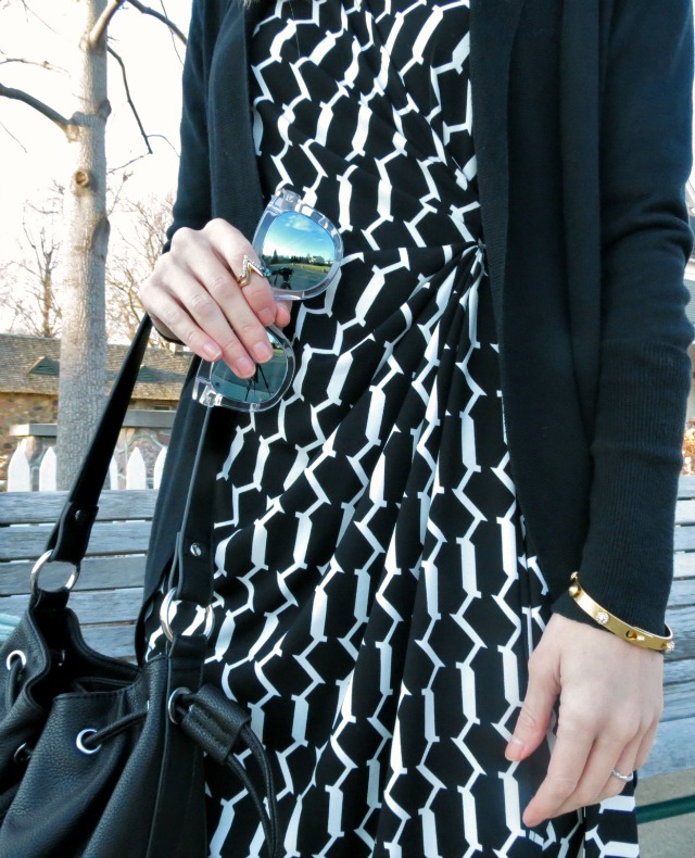 black and white wrap dress, mint coat, black pom pom beanie, clear sunglasses, ankle boots with dress, m loves m copycat