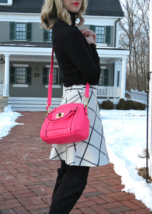 windowpane print skirt, black turtleneck, hot pink target bag, over the knee boots, rocksbox review, rocksbox coupon code