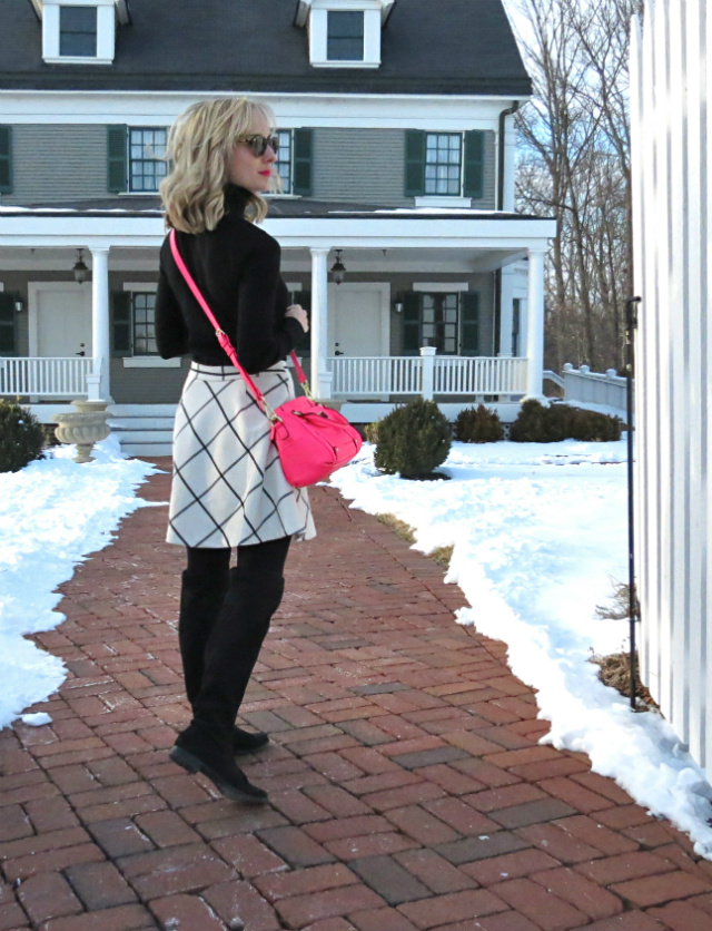 windowpane print skirt, black turtleneck, hot pink target bag, over the knee boots, rocksbox review, rocksbox coupon code