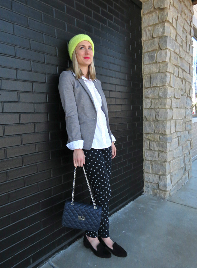 H&M blazer, American Eagle jeggings, adjustable crystal cuff, suede loafers, neon beanie