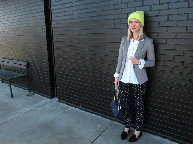 H&M blazer, American Eagle jeggings, adjustable crystal cuff, suede loafers, neon beanie