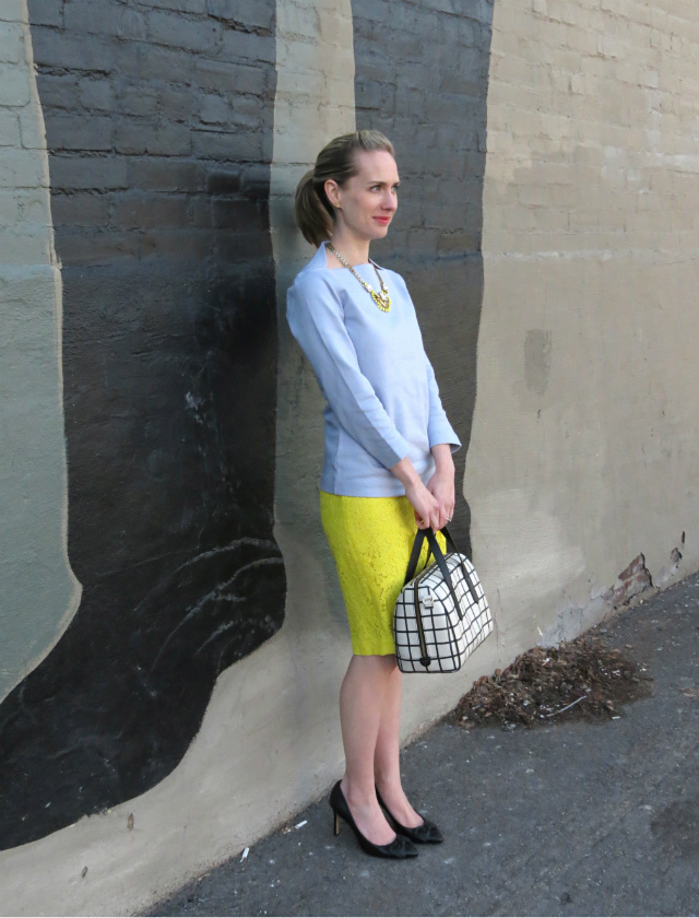 pastels, Kate Spade Saturday slip neck tee, yellow lace pencil skirt, bow pumps, Fossil sydney satchel