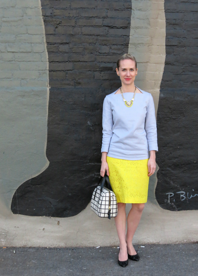 pastels, Kate Spade Saturday slip neck tee, yellow lace pencil skirt, bow pumps, Fossil sydney satchel