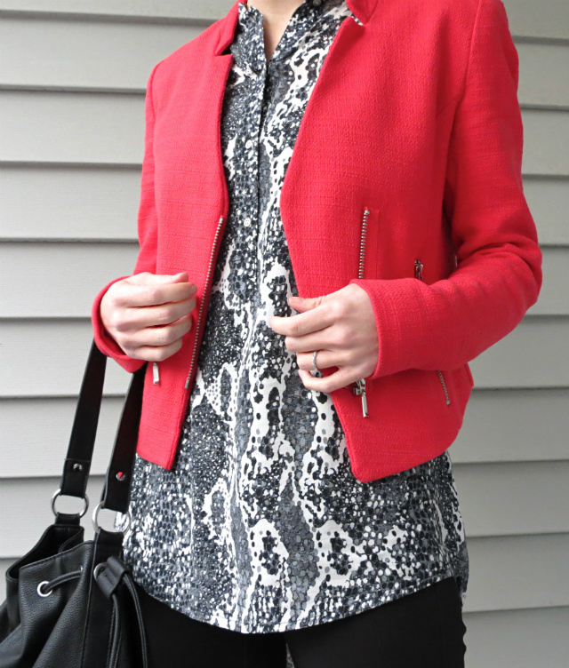 snake print top, ponte pants, coral blazer, forever 21 bucket bag, sole society tan suede boots