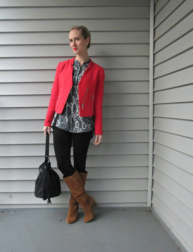 snake print top, ponte pants, coral blazer, forever 21 bucket bag, sole society tan suede boots