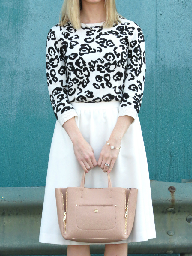 leopard sweater, white midi skirt, Ann Taylor satchel, bar necklace, black & white chic