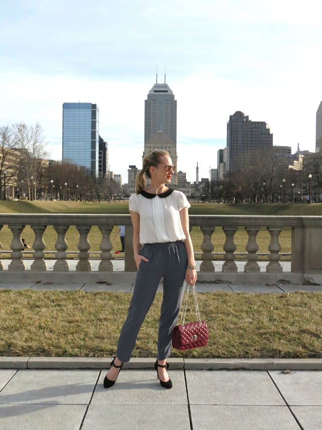 J. Crew drapey pants, burgundy quilted bag, Nine West bow pumps, pink Ray Ban aviators