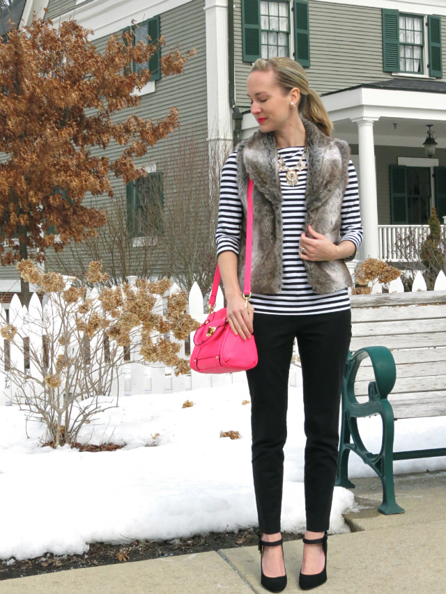 fur vest, striped target tee, hot pink bag, Nine West bow pumps, Indianapolis style blog