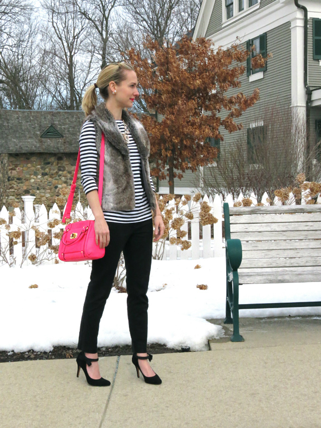fur vest, striped target tee, hot pink bag, Nine West bow pumps, Indianapolis style blog