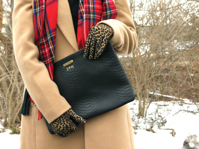 camel coat, red plaid scarf, leopard gloves, studded boots