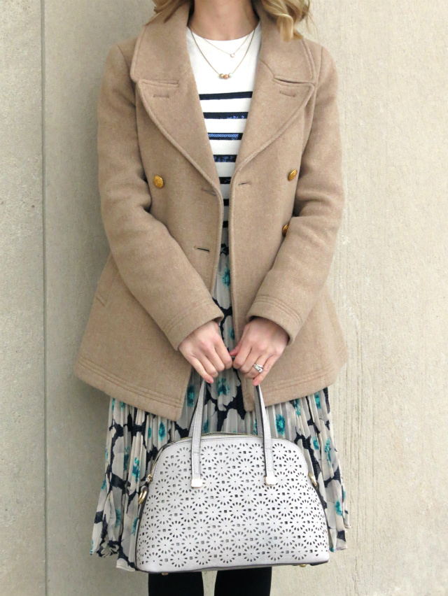 ann taylor sequin stripe sweater, maison jules pleated floral midi skirt, j crew majesty peacoat, layered gold necklaces