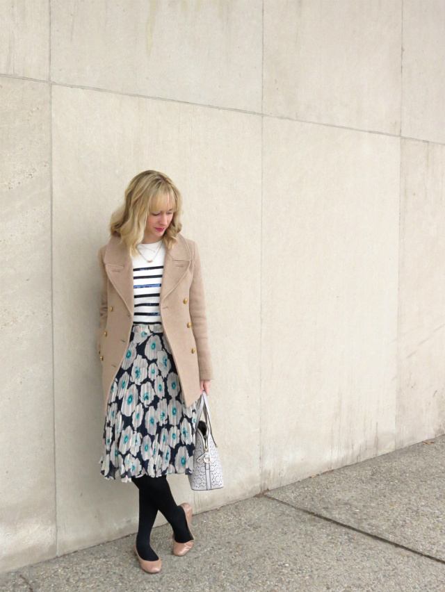ann taylor sequin stripe sweater, maison jules pleated floral midi skirt, j crew majesty peacoat, layered gold necklaces