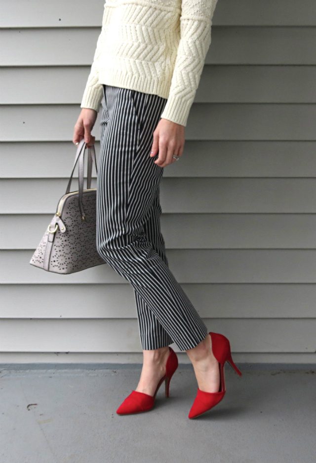 Ann Taylor striped ankle pants, Madewell cream cotton sweater, red d'orsay pumps, pink Ray Ban aviators