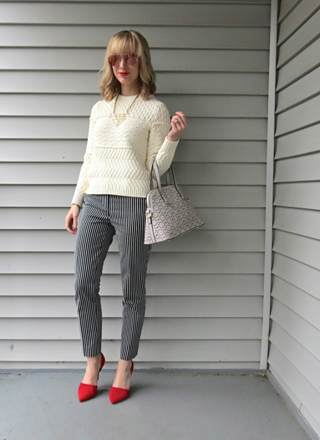 Ann Taylor striped ankle pants, Madewell cream cotton sweater, red d'orsay pumps, pink Ray Ban aviators