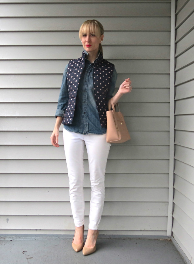 white jeans, polka dot puffer vest, double denim, Madewell chambray, nude pumps