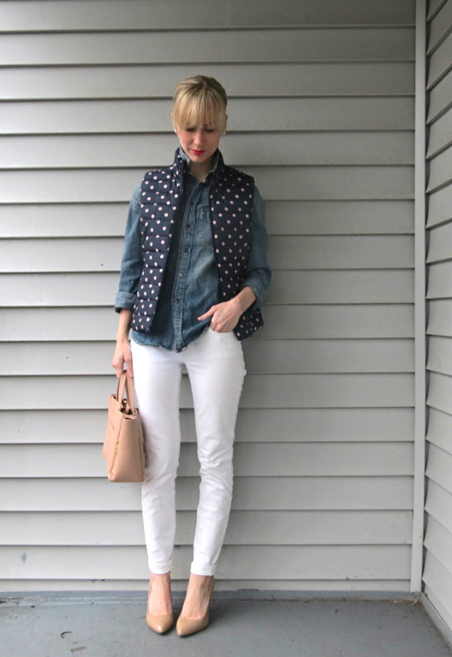 white jeans, polka dot puffer vest, double denim, Madewell chambray, nude pumps