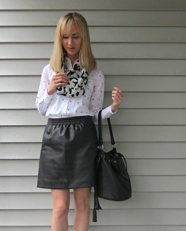 Ann Taylor perfect shirt, faux leather skirt, blush cap toe pumps, bucket bag