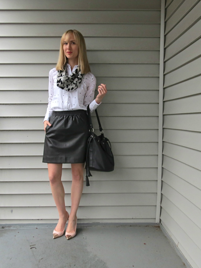 Ann Taylor perfect shirt, faux leather skirt, blush cap toe pumps, bucket bag
