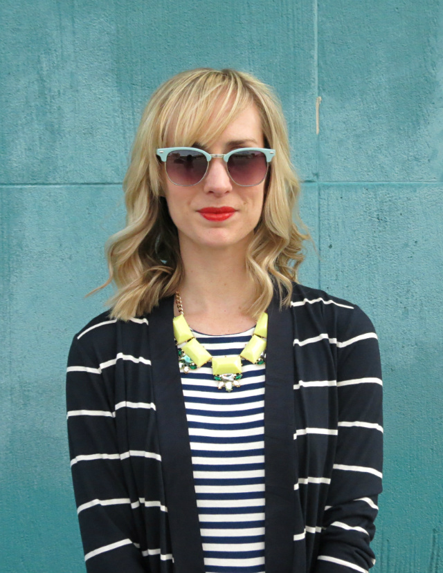 striped dress with striped cardigan, nude retro pumps, mint coat, mint sunglasses, blush satchel