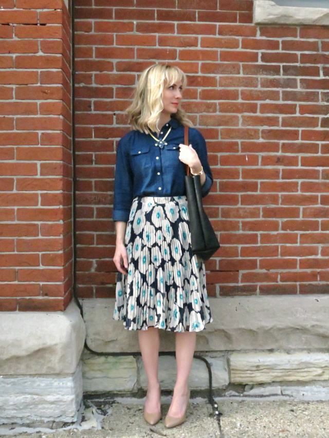 floral pleated midi skirt, dark chambray, nude patent leather pumps