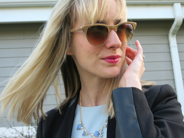 Ann Taylor mint dress, collarless blazer, blush cap toe pumps, Loft striped sunglasses