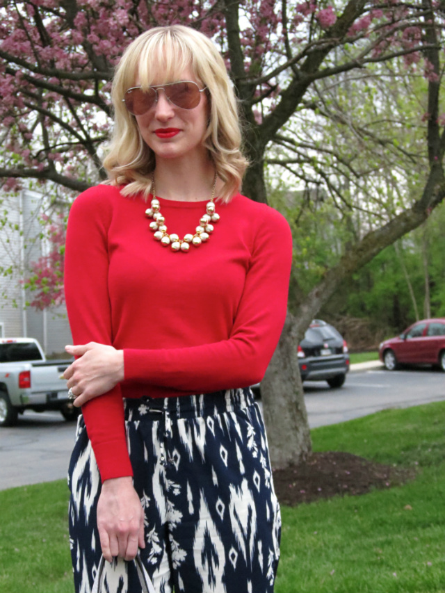 ikat lounge pants, red sweater, cluster pearl necklace, Ann Taylor gray suede pumps, Ray Ban aviators