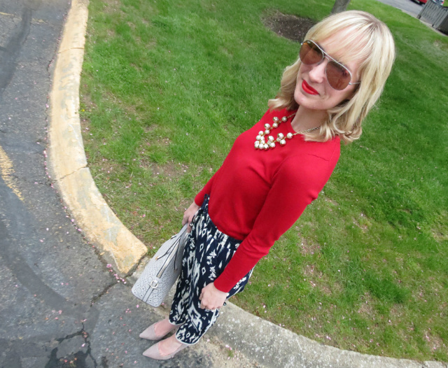 ikat lounge pants, red sweater, cluster pearl necklace, Ann Taylor gray suede pumps, Ray Ban aviators