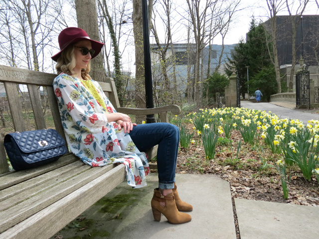 floral spring jacket, cutout ankle boots, burgundy rancher hat, yellow lace