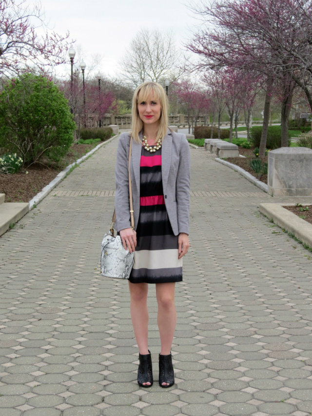 ombre striped dress, gray cotton blazer, peep toe perforated booties, cluster pearl necklace, Ann Taylor snakeskin bucket bag