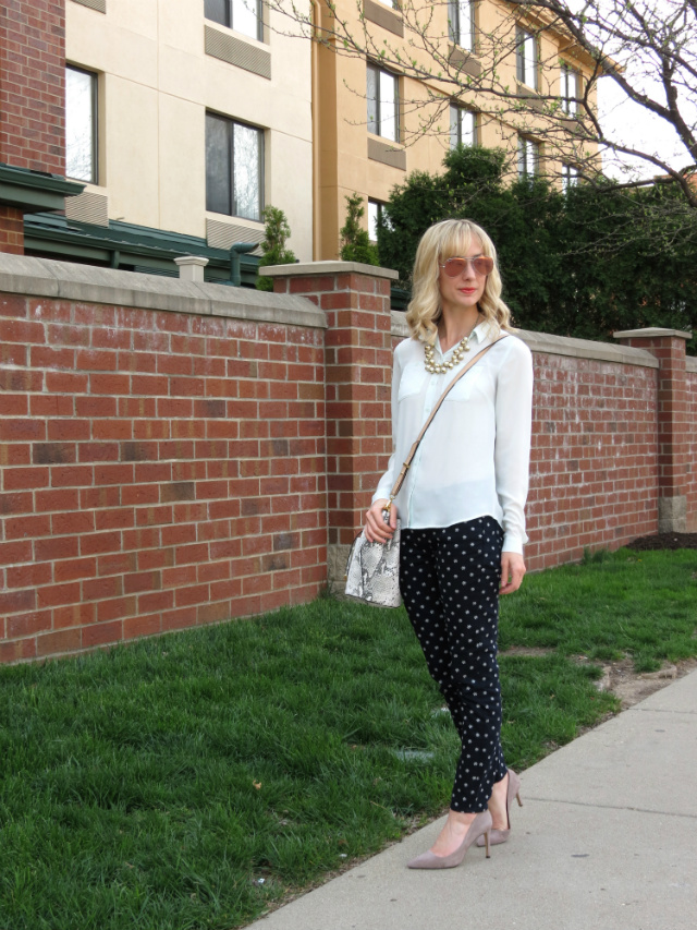 Ann Taylor patterned denim, mint green, cluster pearl necklace, pink Ray Ban aviators, gray suede pumps