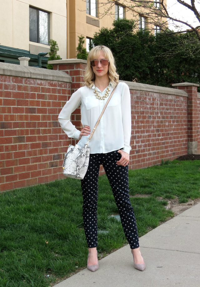 Ann Taylor patterned denim, mint green, cluster pearl necklace, pink Ray Ban aviators, gray suede pumps
