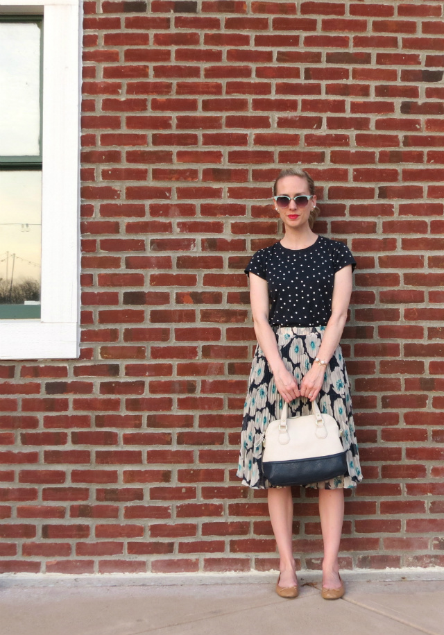 polka dots and floral, pleated midi skirt, retro mint sunglasses