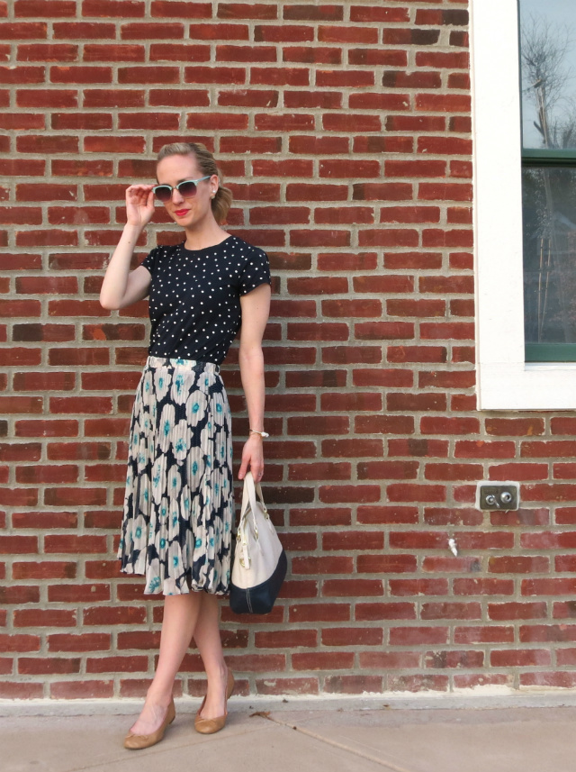 polka dots and floral, pleated midi skirt, retro mint sunglasses