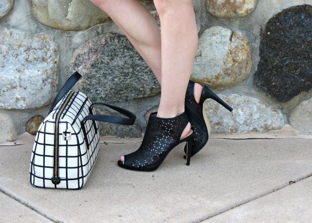 booties in spring and summer, perforated boots, peep toe ankle boots, print mixing, Loft dress