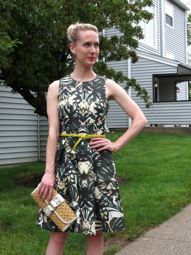 H&M fit and flare dress, straw clutch, gold flats, Mad Men-inspired style