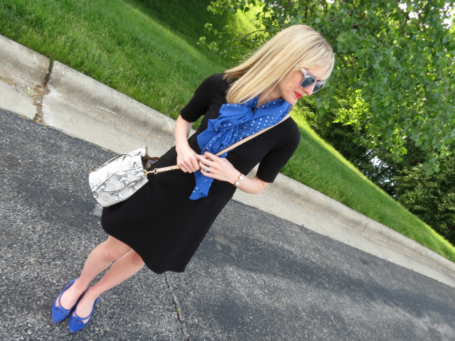 The Good Wife fashion, lawyer style, LBD, blue polka dot scarf, cobalt suede bow flats, Ann Taylor bucket bag
