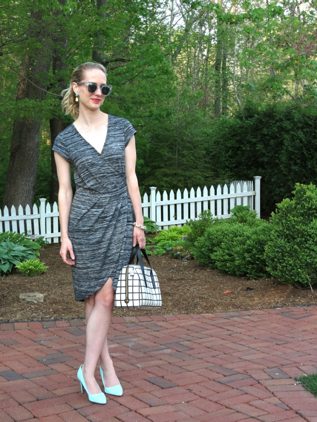 French Connection wrap dress, Fossil bag, mint pumps
