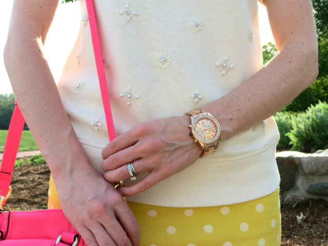 yellow polka dot pencil skirt, short sleeve sweatshirt, pink Merona satchel, rose gold watch