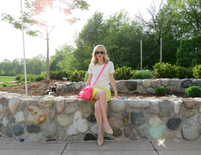 yellow polka dot pencil skirt, short sleeve sweatshirt, pink Merona satchel, rose gold watch