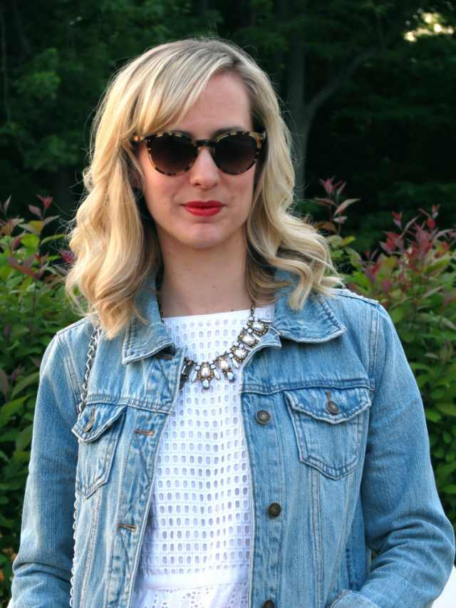 pink peonies, eyelet dress, jean jacket, quilted bag, fashion blogger cliches