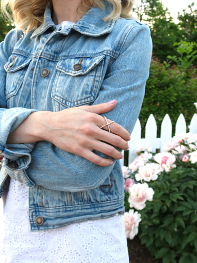 pink peonies, eyelet dress, jean jacket, quilted bag, fashion blogger cliches