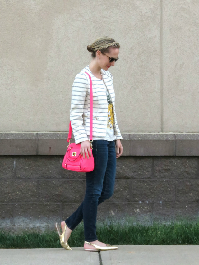 pineapple tee, American Eagle jeggings, striped H&M blazer, hot pink satchel, gold flats