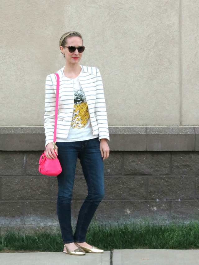 pineapple tee, American Eagle jeggings, striped H&M blazer, hot pink satchel, gold flats