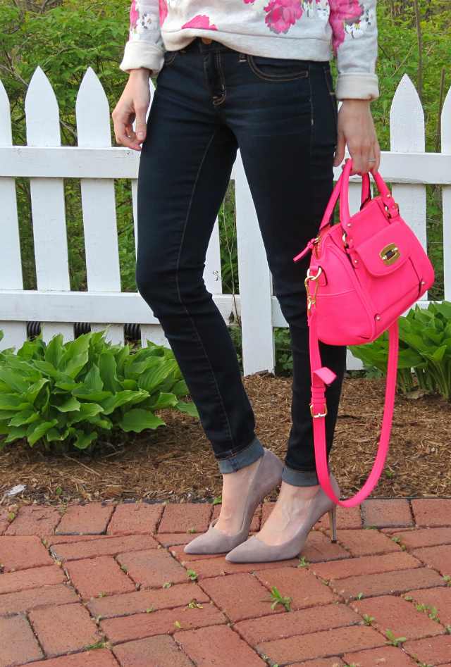 floral sweatshirt, pink Target satchel, striped wayfarers, casual Friday outfit