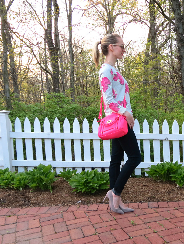 floral sweatshirt, pink Target satchel, striped wayfarers, casual Friday outfit