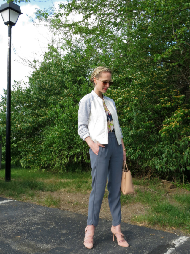 J. Crew Reese pants, varsity jacket, cove floral tank, blush bag and shoes
