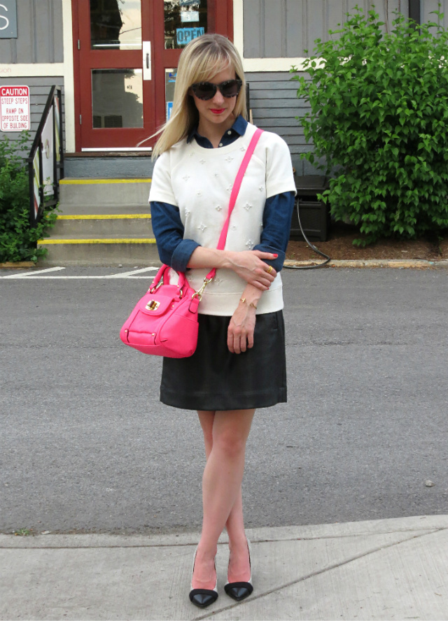 leather skirt, short sleeve sweatshirt, dark chambray shirt, cap toe heels, neon pink bag, broad ripple ice cream station