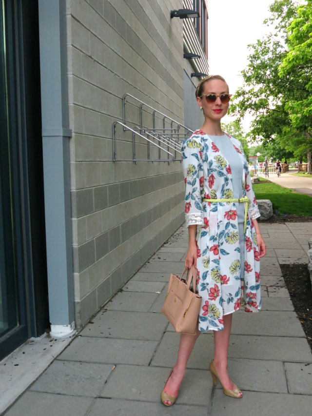 mint dress, floral kimono, Ann Taylor satchel, striped sunglasses