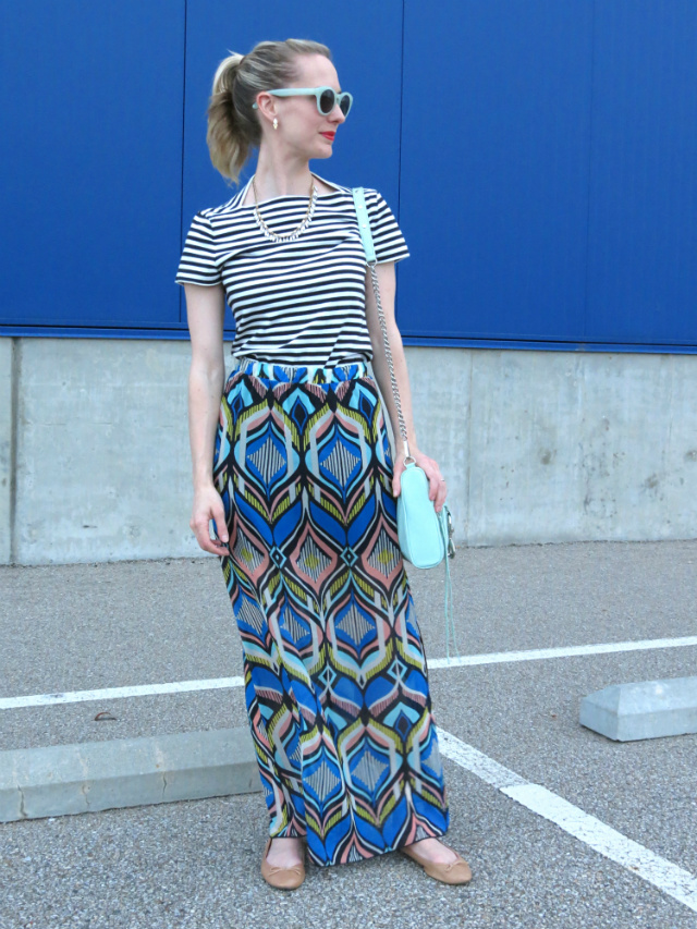 print mixing, maxi skirt, mint Rebecca Minkoff bag, mint sunglasses, Ikea fail