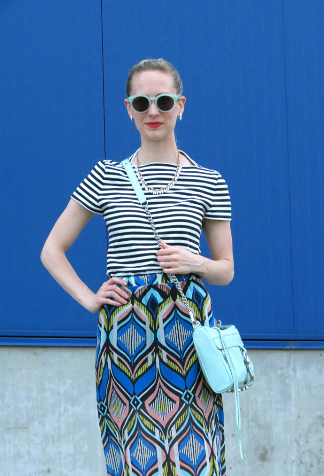 print mixing, maxi skirt, mint Rebecca Minkoff bag, mint sunglasses, Ikea fail